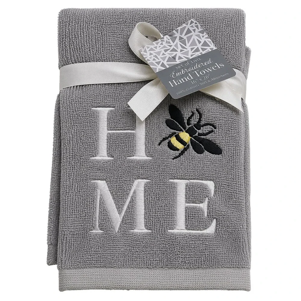 Bumble Bee Home Hand Towels Embroidered Bathroom Gray Shabby Chic Set of 2